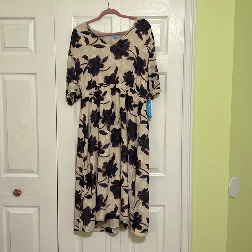 Draper James Cream Midi Dress with Navy and Brown Floral Pattern